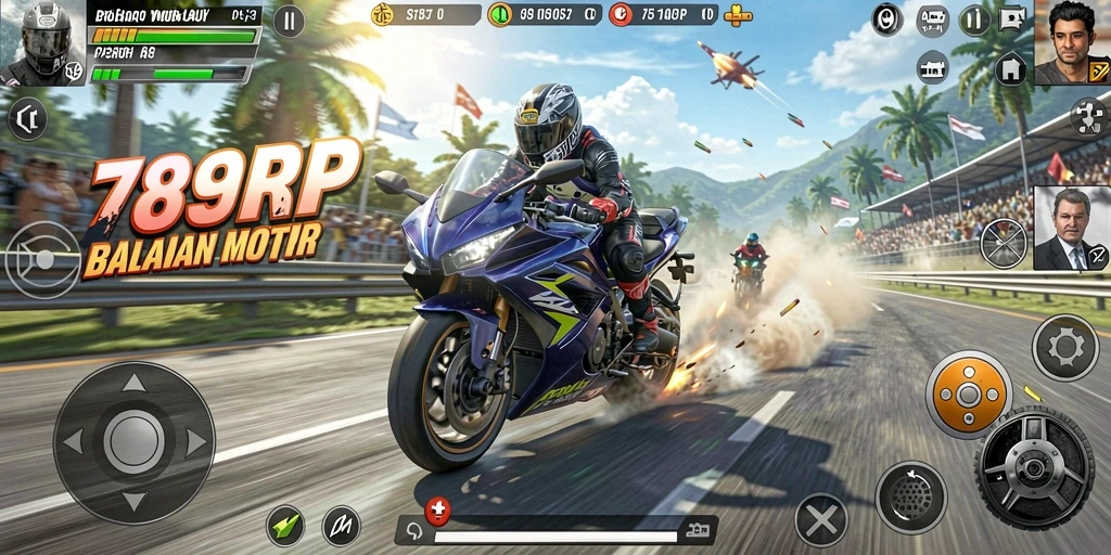 Tampilan gameplay menegangkan di trek balap sepeda motor.