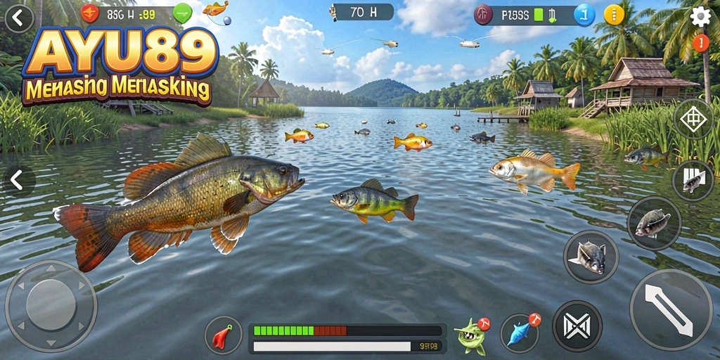Tampilan dinamis dari gameplay AYU89 yang menampilkan memancing seru.
