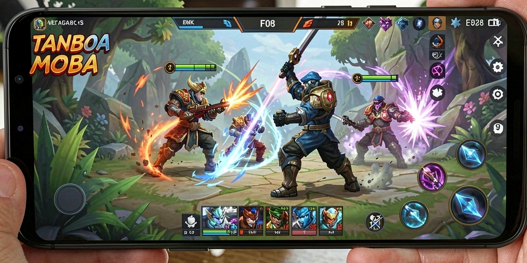Tangkapan layar utama F08 menampilkan aksi seru pertempuran MOBA.