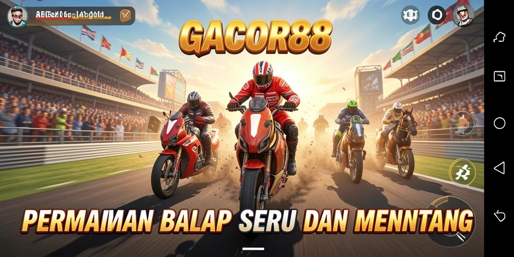 Tampilan gameplay menegangkan dari GACOR88 dengan mobil balap yang sedang beraksi.