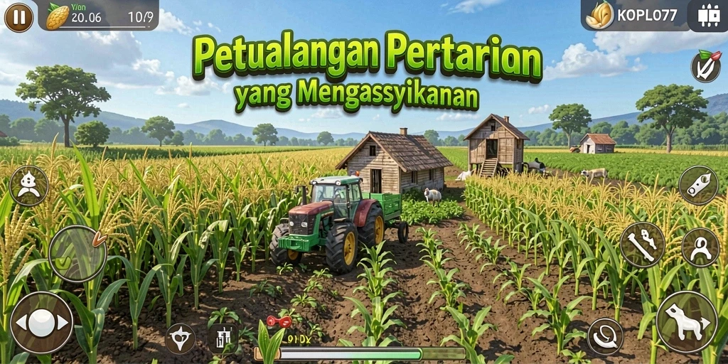 Screenshot utama KOPLO77 menunjukkan kegiatan bertani yang interaktif dan menyenangkan.