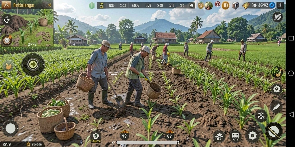 Screenshot gameplay <strong>RP79</strong> menampilkan ladang yang subur dan hewan ternak yang bahagia.