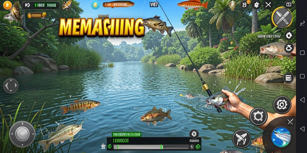 Tampilan gameplay V87 yang seru dan menantang saat memancing.